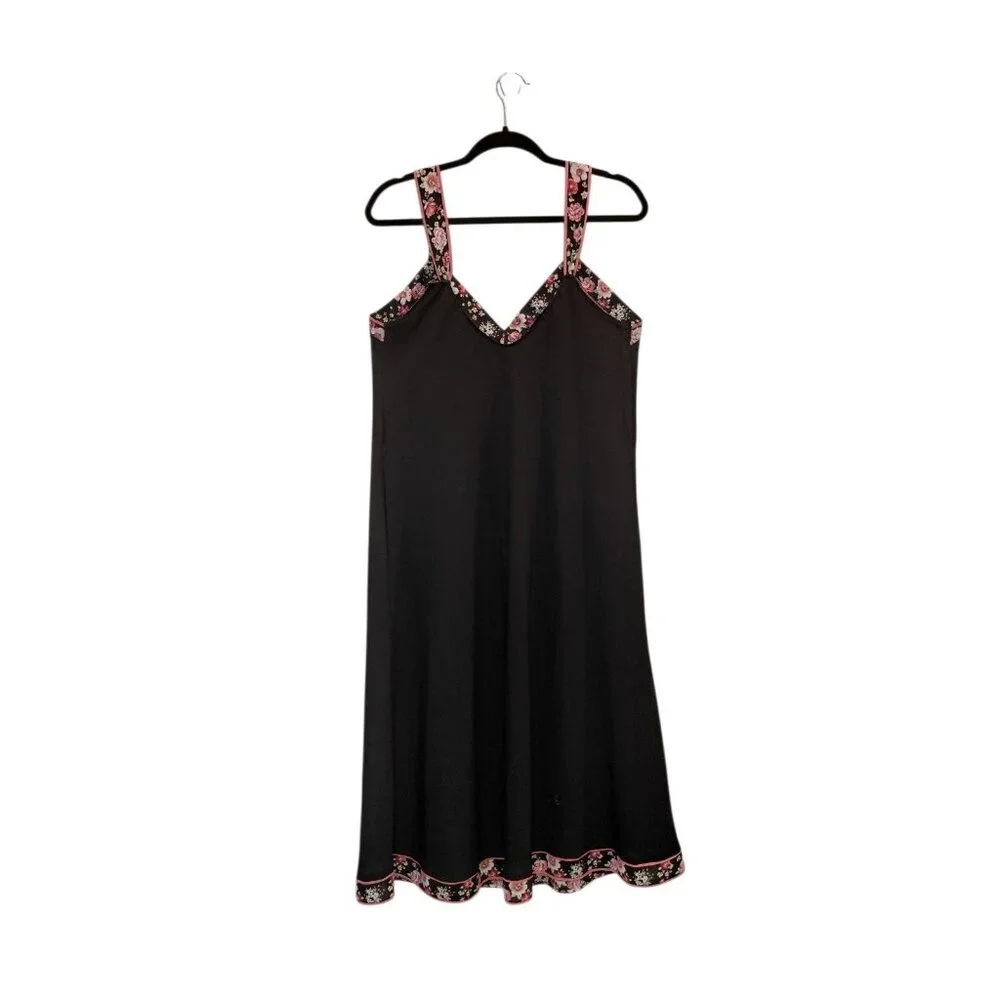 Oscar De La Renta Pink Label Floral Trim Sweetheart Nightgown XL Slip Dress Blck